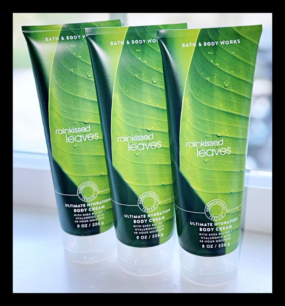 Bath & Body Works Rainkissed Leaves 8 oz Ultimate Hydration Body Cream x3